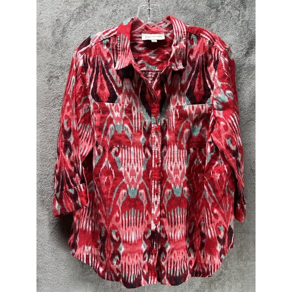 Jones New York Women’s XL Linen Button Top Red Abstract Aztec 3/4 Sleeve Blouse - Picture 5 of 5